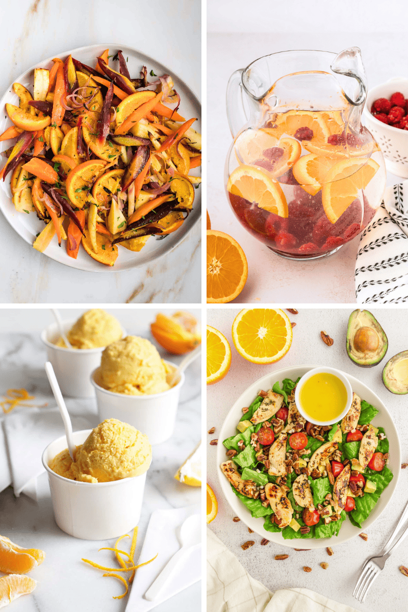 Collage of roasted veggies, fruit punch, mango sorbet, and chicken salad with oranges.