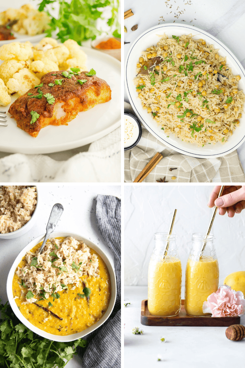 Four dishes: baked fish, cauliflower, rice pilaf, lentil stew—healthy Indian recipes to savor.