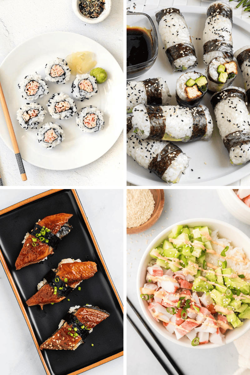 Four easy sushi recipes and poke bowl dishes arranged in a grid on white backgrounds.