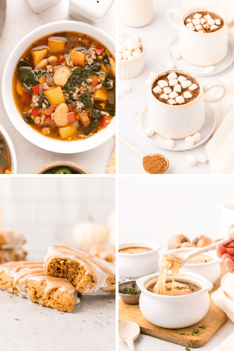 Collage of Healthy Recipes for Fall: soup, hot chocolate, biscotti, and cheesy French onion soup.