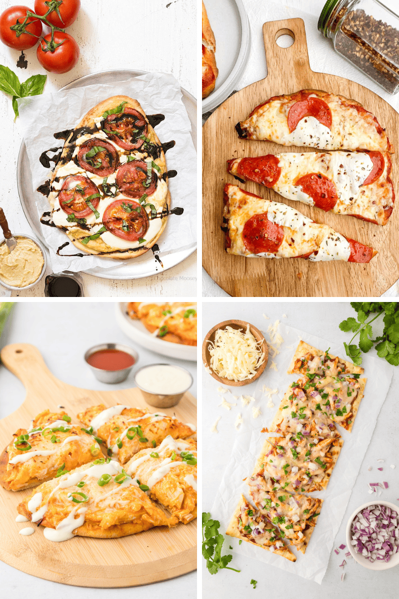 Flatbread Pizzas with assorted toppings, served on wooden boards and plates.