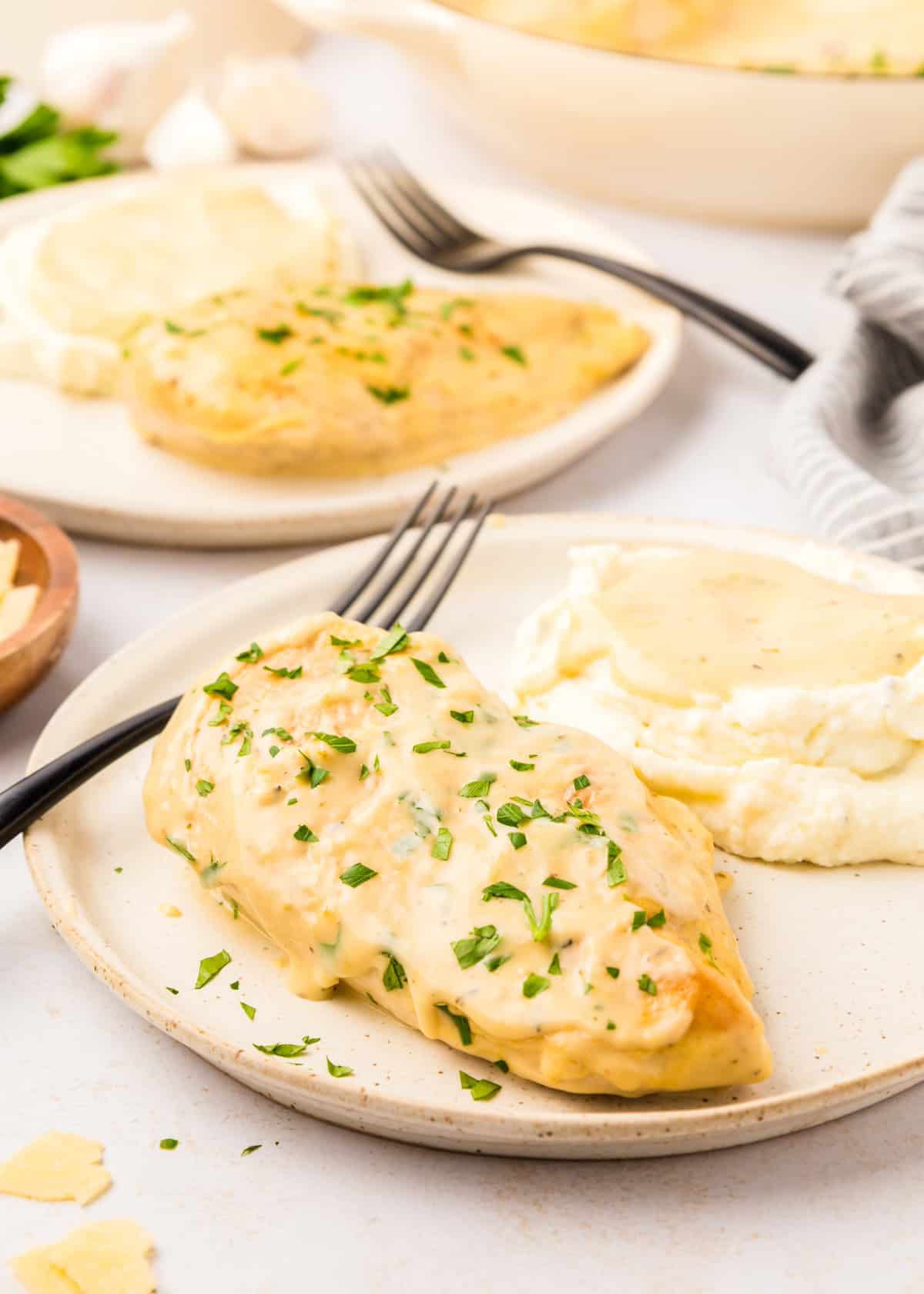 garlic parmesan chicken served on plate with mashed potatoes