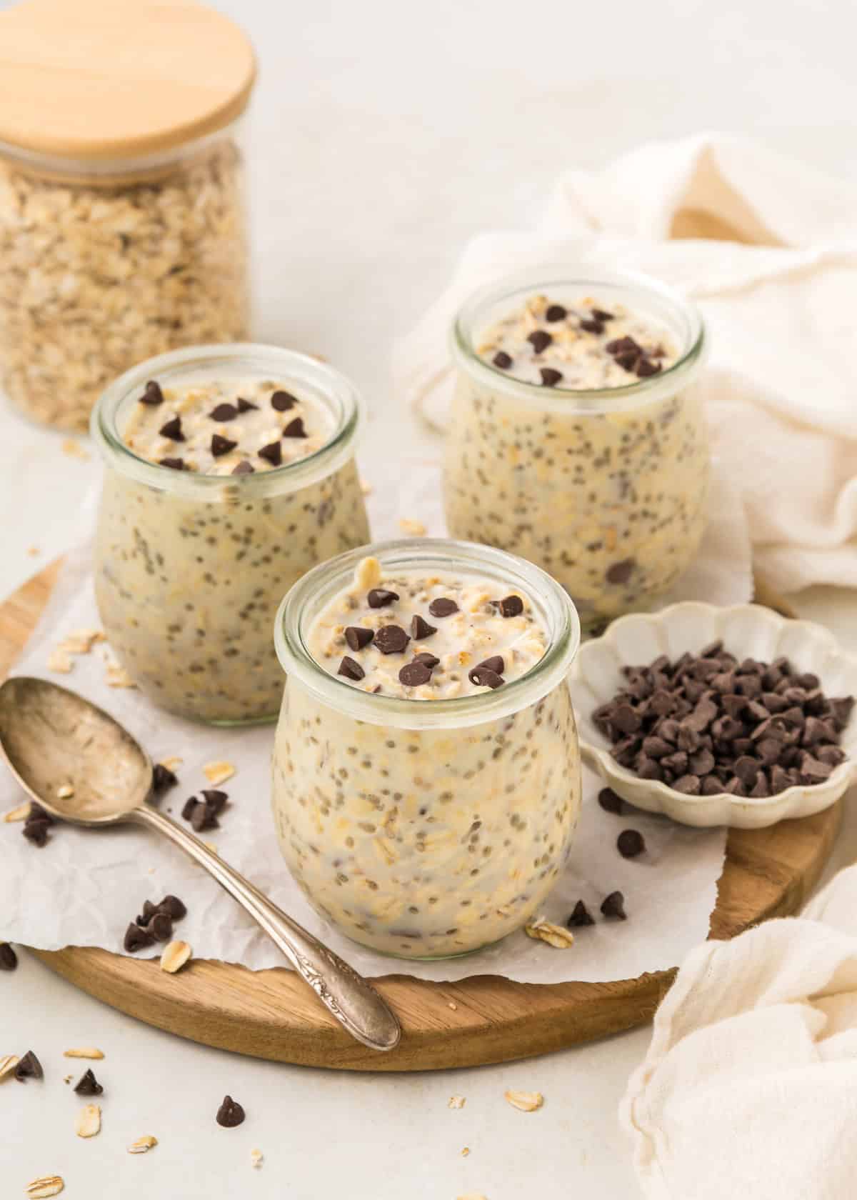 Cookie dough overnight oats in mason jars.