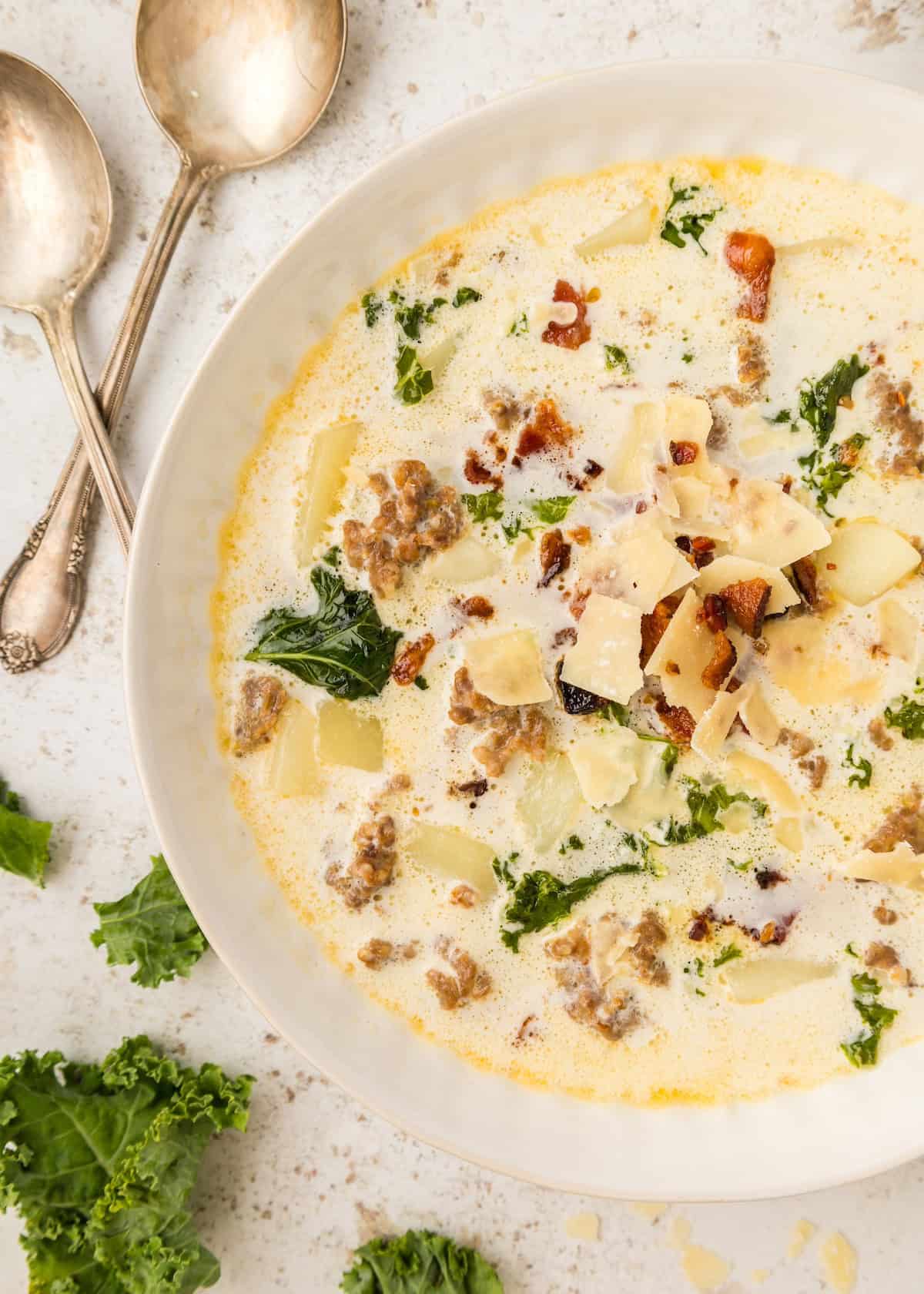 Zuppa Toscano Soup in white bowl.