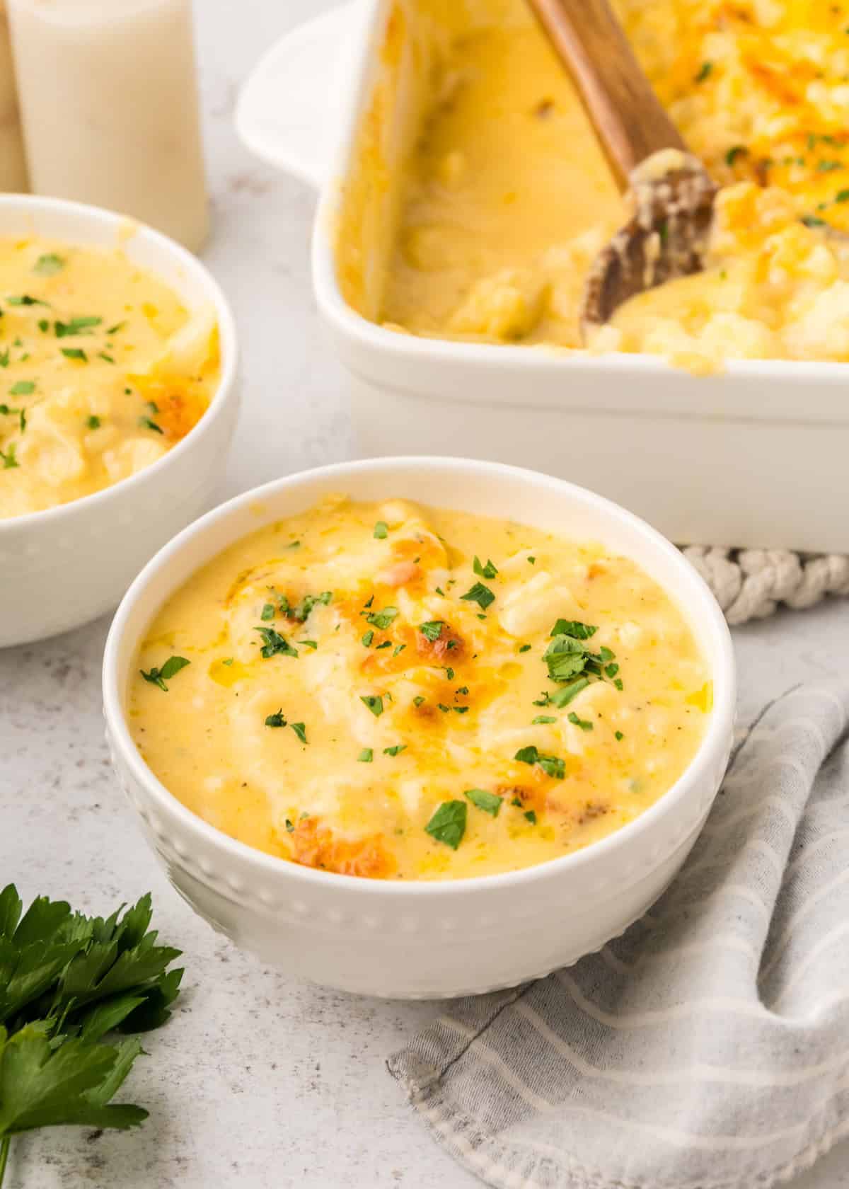 Cauliflower Mac and Cheese in a white bowl.