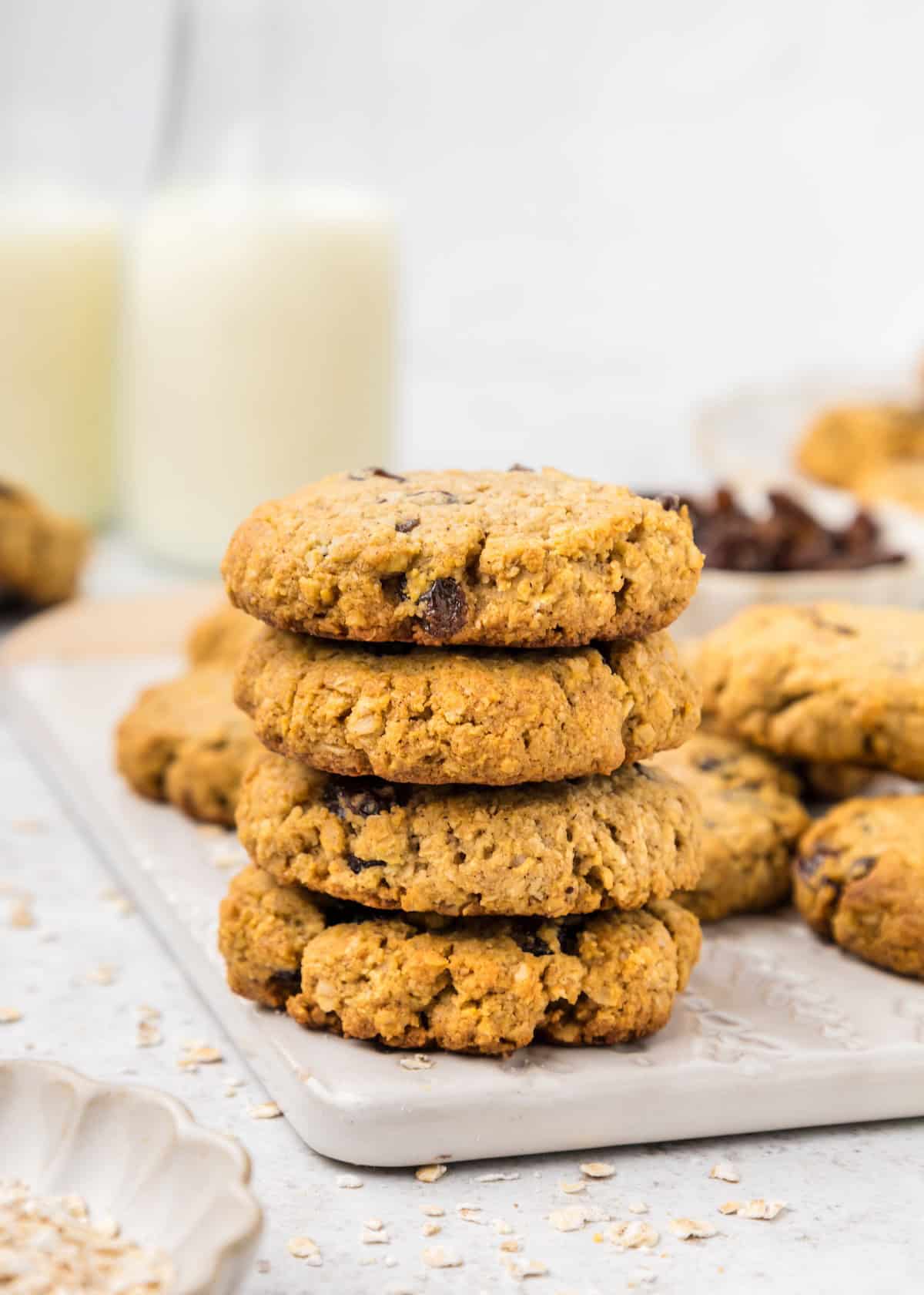 Oatmeal Raisin Cookies stacked.