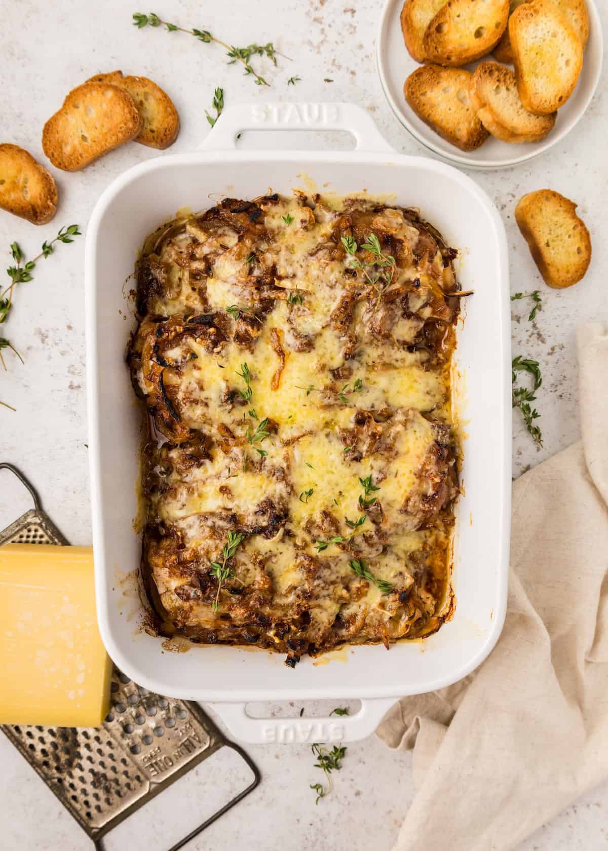 French Onion Chicken in casserole dish.