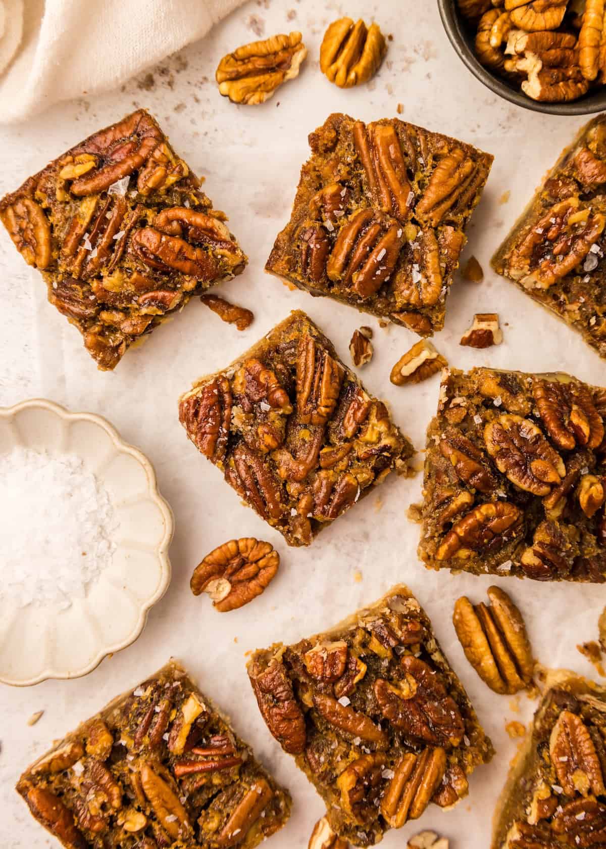 Pecan Pie Bars sliced and spread out.