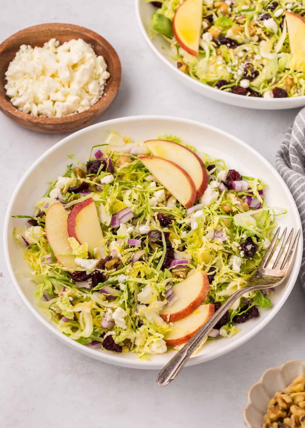 Shaved Brussels Sprouts Salad with apple slices, nuts, cheese, and dried cranberries in a bowl.