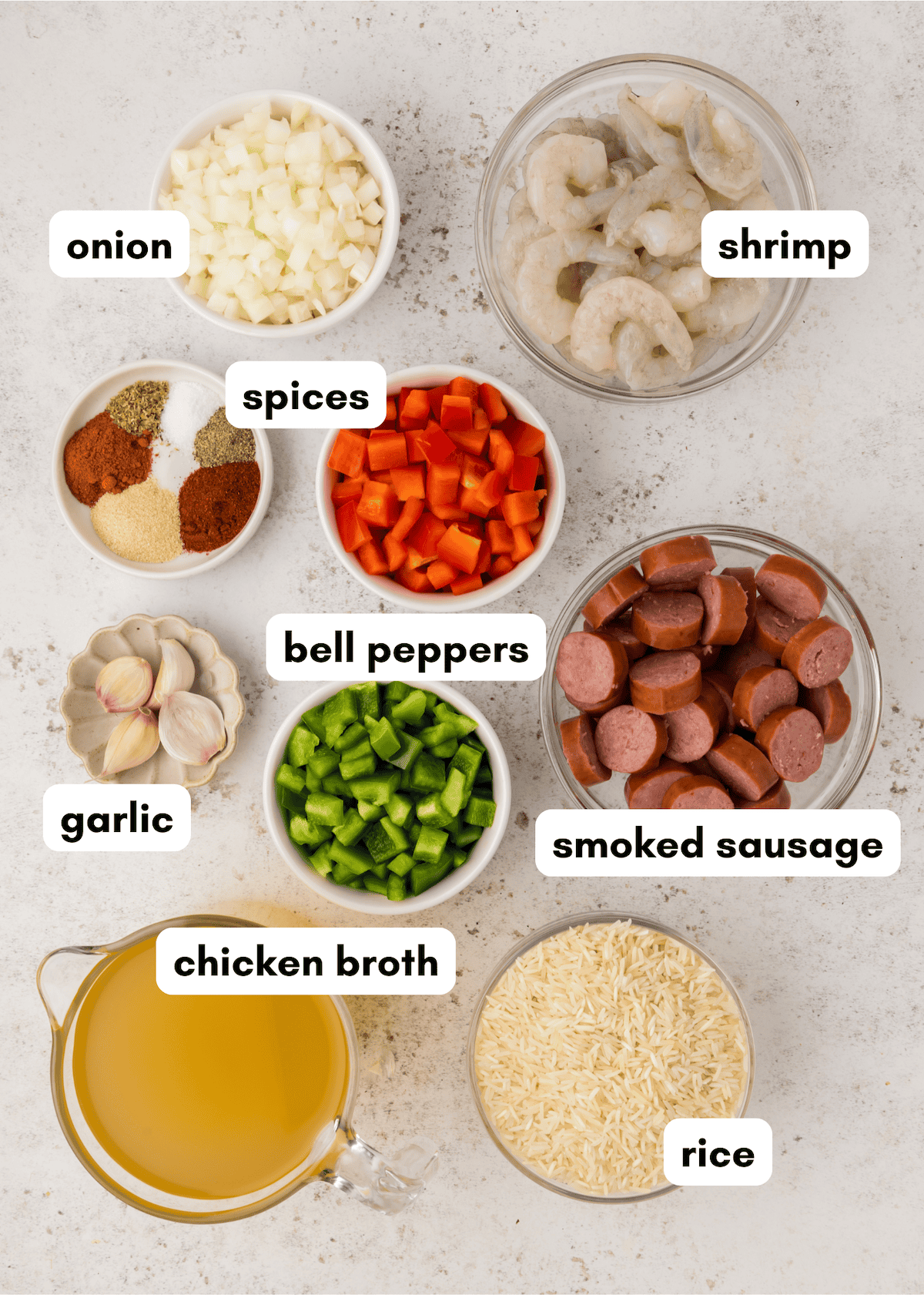 Labeled ingredients for Shrimp Dirty Rice: onion, shrimp, spices, bell peppers, garlic, sausage.