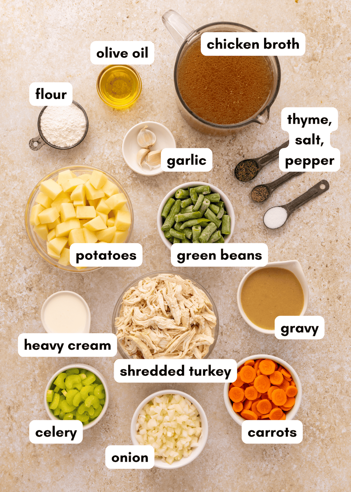 Ingredients for Leftover Turkey Stew, labeled and arranged in bowls on a countertop.