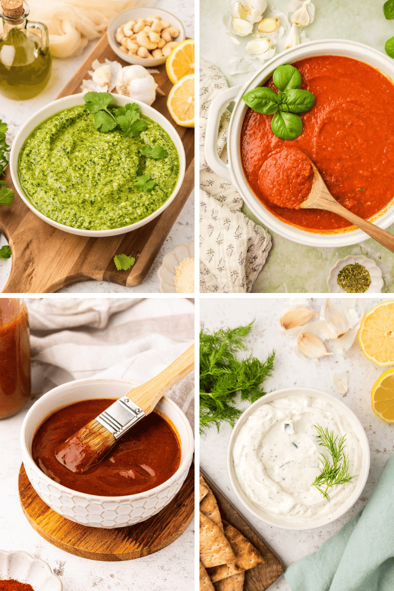 Four flavorful Sauce Recipes: green pesto, red marinara, brown barbecue, and white ranch bowls.