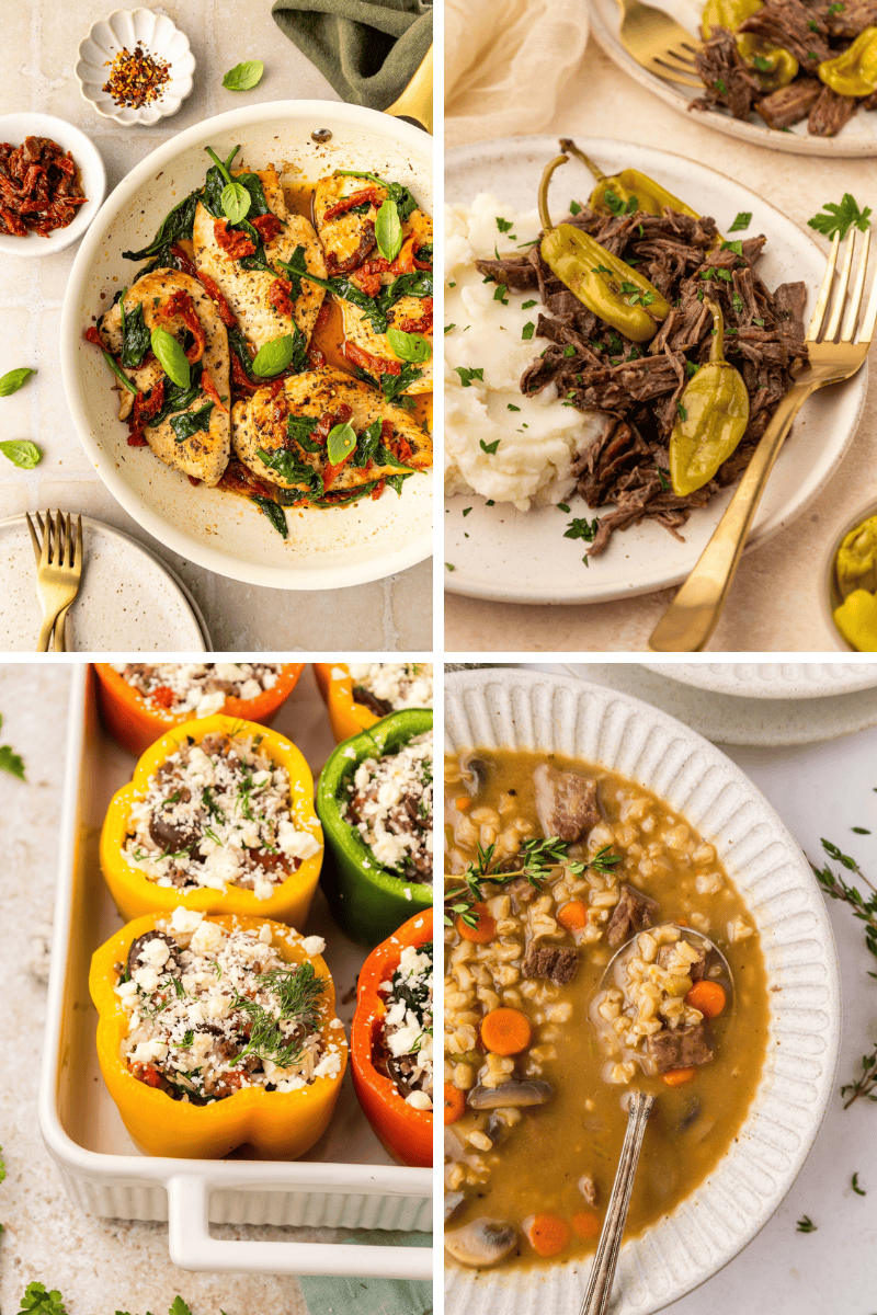 Four hearty, freezer friendly recipes: pasta, beef with potatoes, stuffed peppers, and soup.